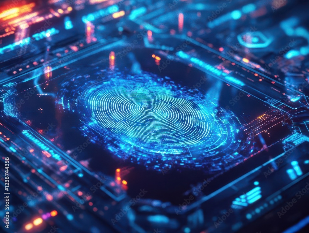 Fototapeta premium futuristic biometric security interface, glowing fingerprint scan, cybersecurity visualization, neon blue tech aesthetic