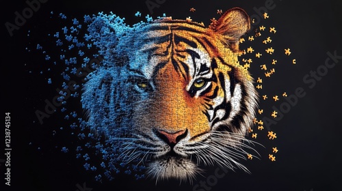Tiger face made of puzzle pieces fading into vibrant colors against black background. Generative AI