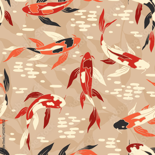 Seamless abstract pattern with koi carps. Design for card, fabric, print, greeting, cloth, poster, clothes, textile.