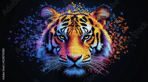 Colorful tiger face made of puzzle pieces against a dark background with vibrant hues and details. Generative AI