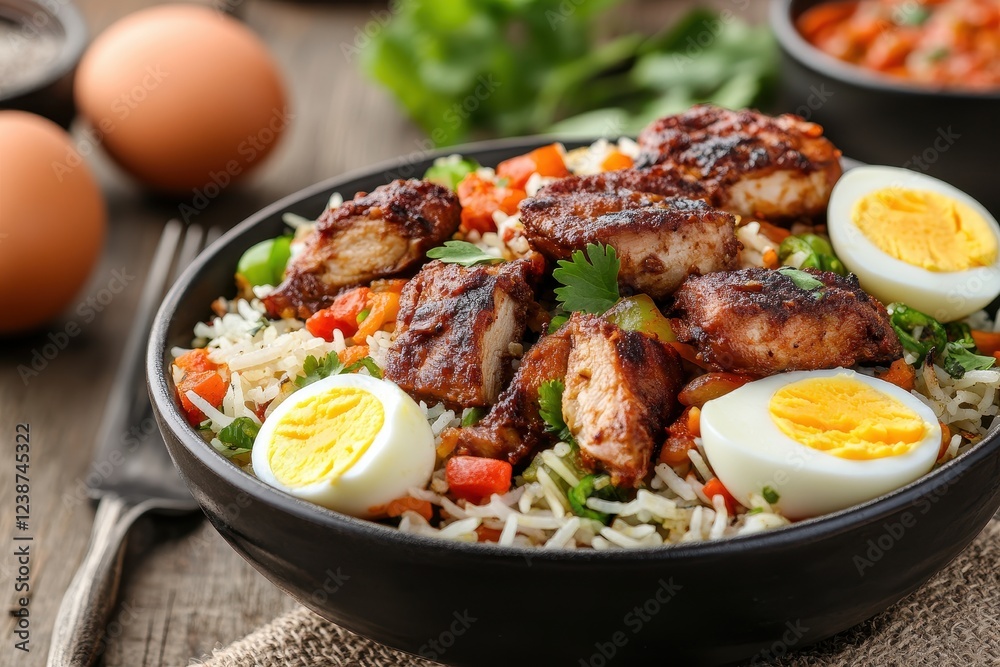 Gourmet Presentation of Pakistani Chicken Biryani on a Rustic Table Gourmet Presentation of Pakistani Chicken Biryani on a Rustic Table