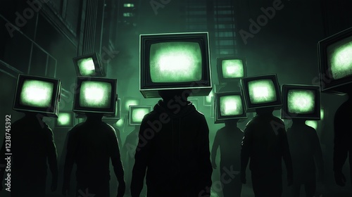 Surreal Dystopian Scene with People Having TV Screens as Heads for Technology, Media Influence, and Digital Control Concepts in Dark Green Tones