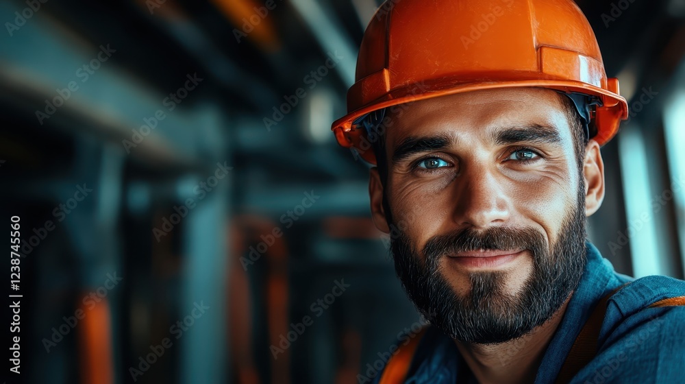 A smiling male construction worker wearing a hard hat and safety gear, exhibiting pride and confidence while standing at a construction site ready for work. A smiling male construction worker wearing a hard hat and safety gear, exhibiting pride and confidence while standing at a construction site ready for work.