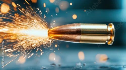 A close-up of a bullet in motion, capturing the intensity of a moment with sparks flying off, represents excitement and the dynamic energy of action in a dramatic style. photo