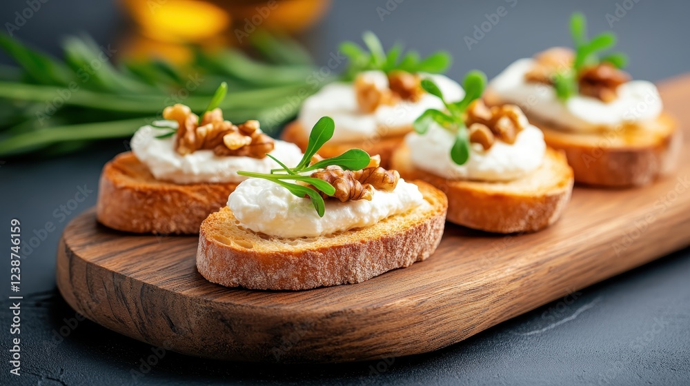 A gourmet platter of bruschetta topped with cream cheese and walnuts, presented on a wooden board, symbolizing culinary art and excellence in food presentation. A gourmet platter of bruschetta topped with cream cheese and walnuts, presented on a wooden board, symbolizing culinary art and excellence in food presentation.