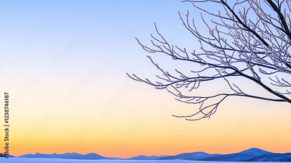 Serene winter landscape at sunset with snow-covered ground and silhouetted branches Serene winter landscape at sunset with snow-covered ground and silhouetted branches