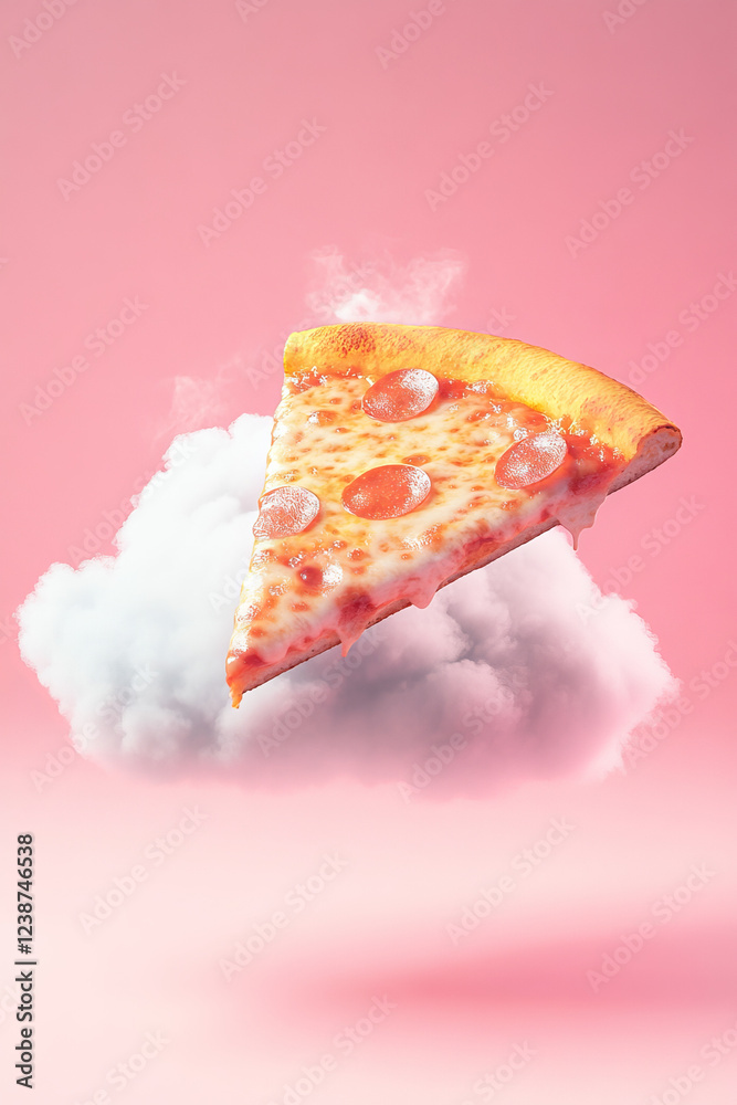 A slice of pepperoni pizza hovers on a fluffy cloud, creating a whimsical scene. The background features a soft pastel pink, enhancing the playful and dreamy atmosphere A slice of pepperoni pizza hovers on a fluffy cloud, creating a whimsical scene. The background features a soft pastel pink, enhancing the playful and dreamy atmosphere