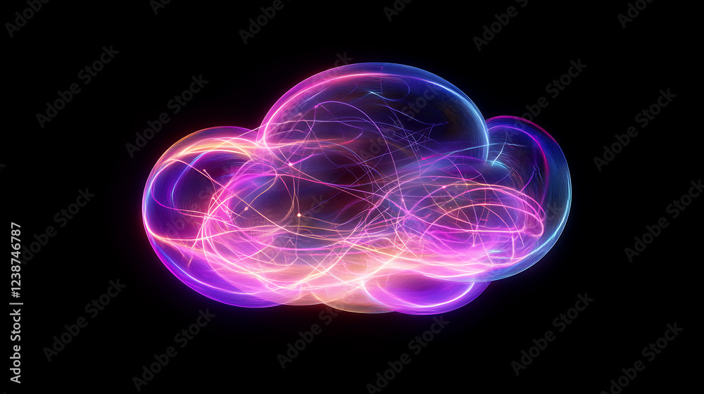 Obraz premium A vibrant, abstract cloud with glowing, colorful lines against a dark background, conveying a sense of energy and creativity.