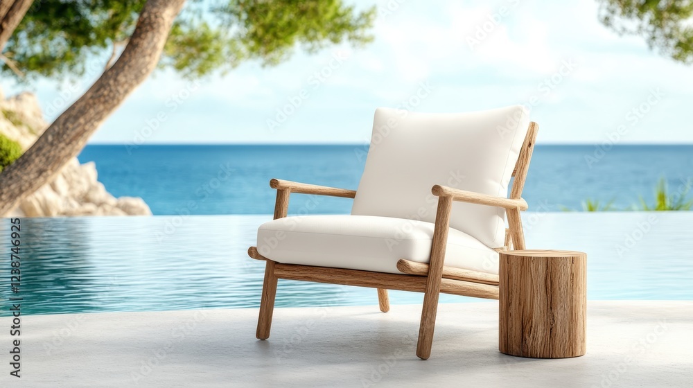 A stylish white lounge chair surrounded by an inviting coastal view, offering tranquility and relaxation, perfect for a peaceful retreat or stylish outdoor living space. A stylish white lounge chair surrounded by an inviting coastal view, offering tranquility and relaxation, perfect for a peaceful retreat or stylish outdoor living space.