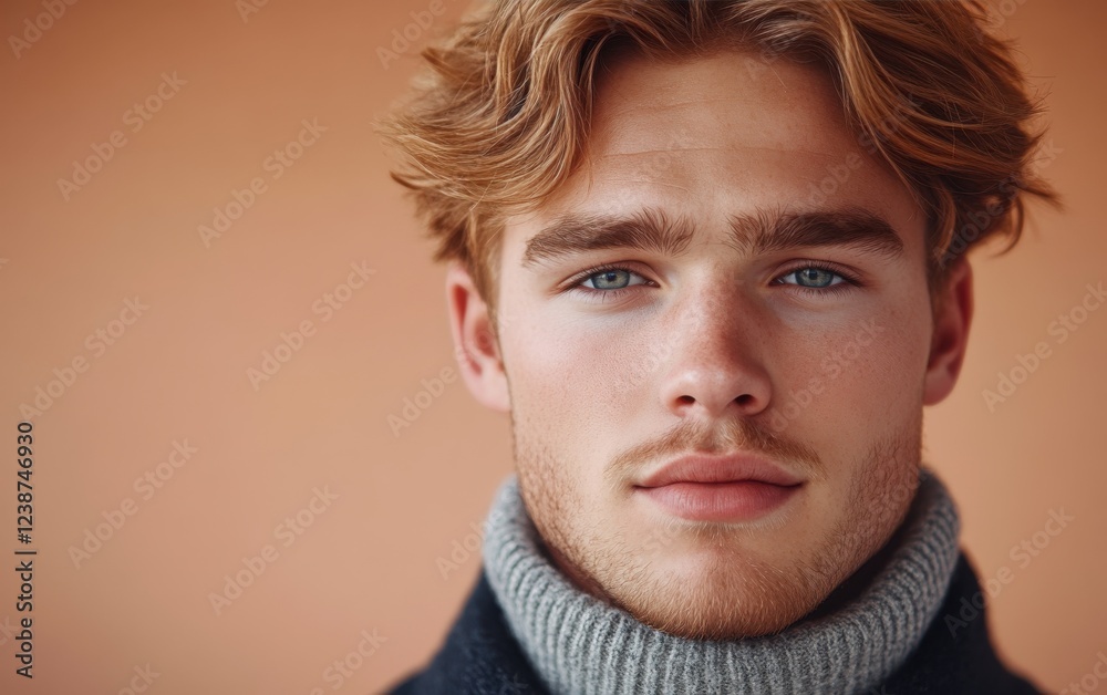 Obraz premium A man with a beard and blue eyes is wearing a gray sweater