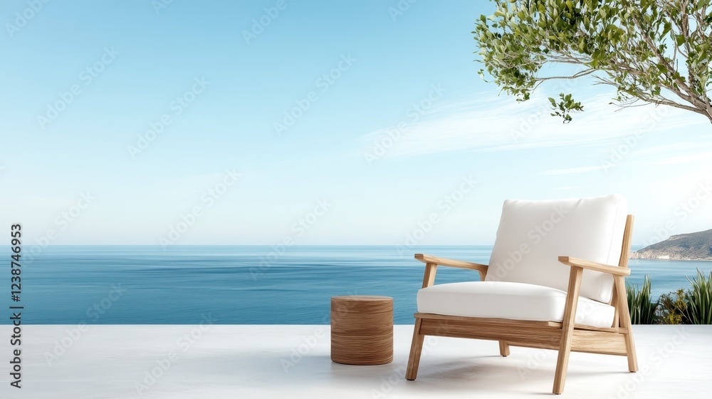A modern wooden chair set against a breathtaking ocean view, combining simplicity with elegance, ideal for relaxing moments and appreciating the beauty of nature. A modern wooden chair set against a breathtaking ocean view, combining simplicity with elegance, ideal for relaxing moments and appreciating the beauty of nature.