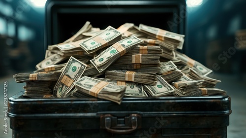 A large heap of cash bundles overflowing from a metal bin, representing wealth and financial security in a dramatic and gritty environment, perfect for themed visuals. photo