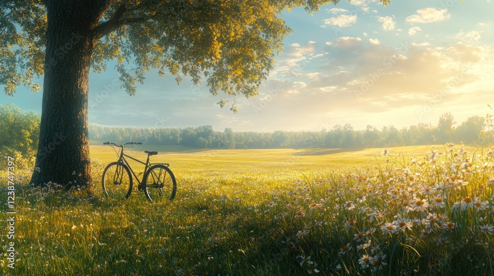 Obraz premium Sunny afternoon in a serene meadow with a bicycle next to an old tree under a blue sky. Generative AI