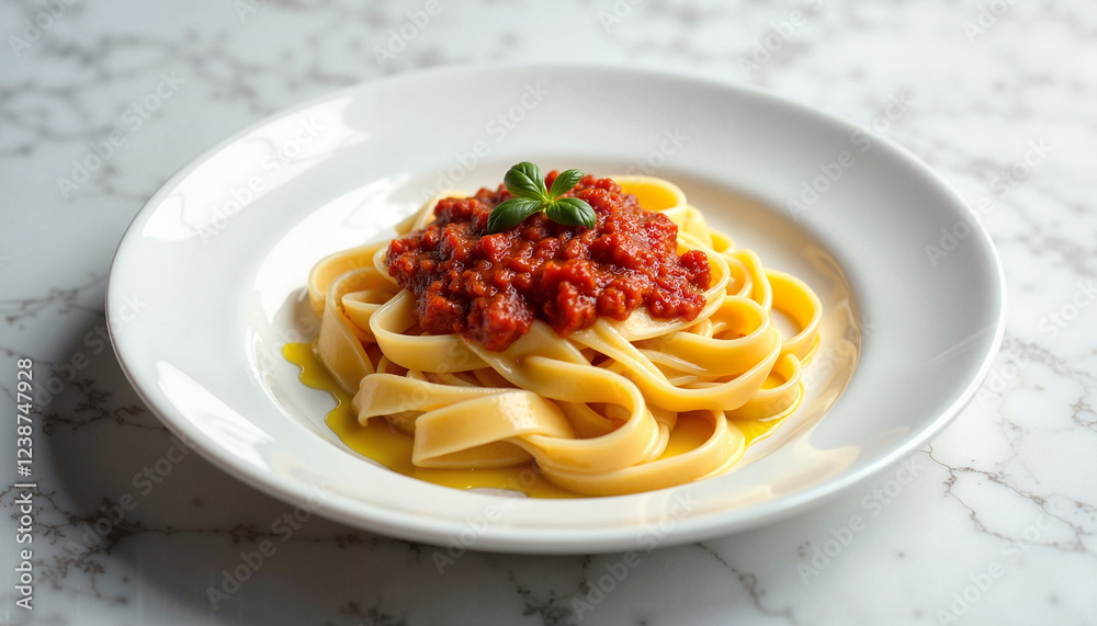 A beautifully plated serving of pappardelle pasta with ragu sauce, placed on a white table setting, showcasing its rich color and texture.