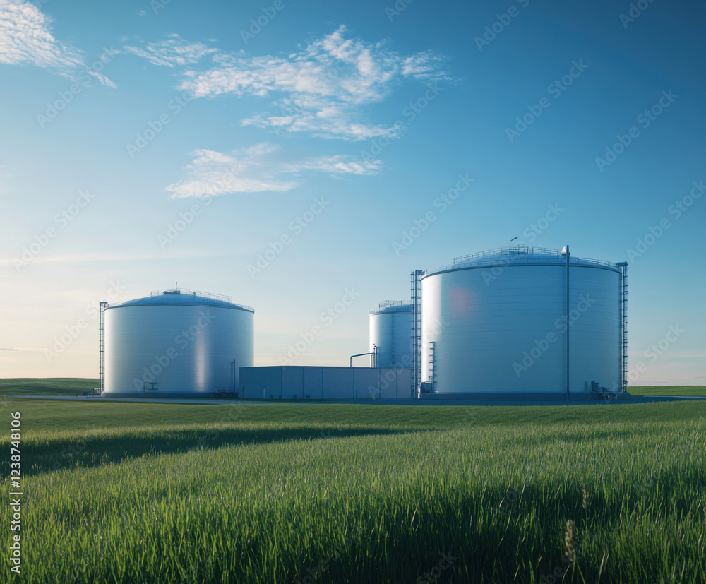 Gas storage tanks surrounded by green fields under a clear sky at dusk Gas storage tanks surrounded by green fields under a clear sky at dusk