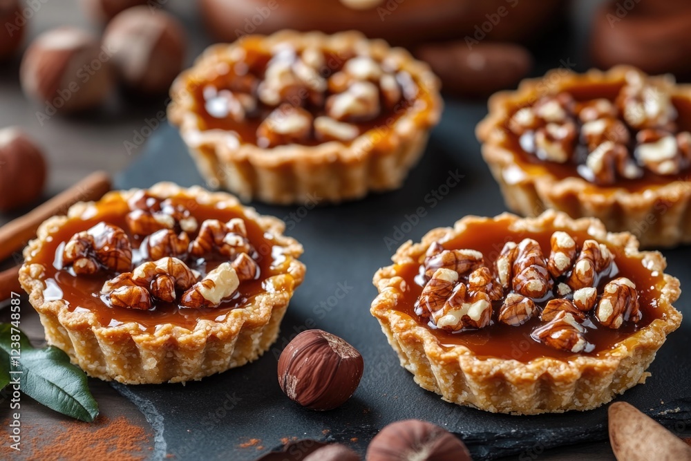 A collection of small pies topped with nuts arranged on a surface A collection of small pies topped with nuts arranged on a surface