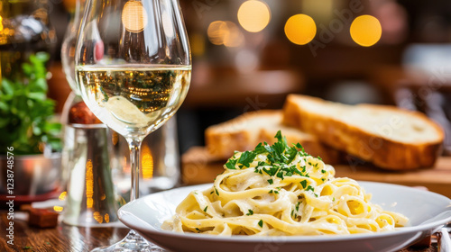 Delicious creamy fettuccine Alfredo served with white wine and bread
