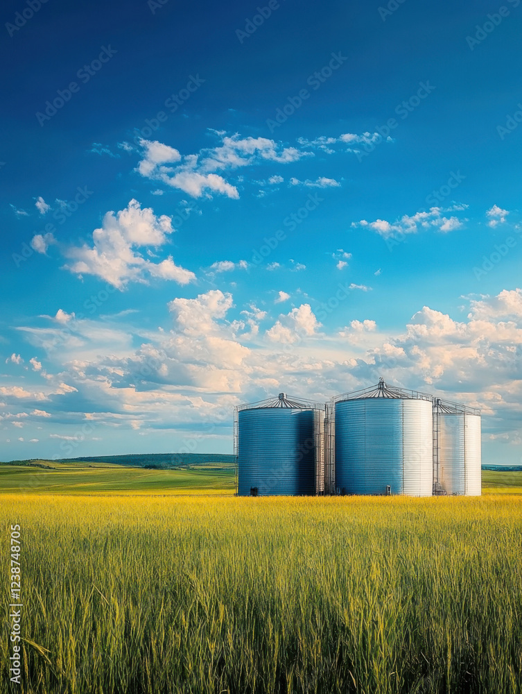Silos standing in a golden field under a blue sky filled with fluffy clouds during the late afternoon Silos standing in a golden field under a blue sky filled with fluffy clouds during the late afternoon