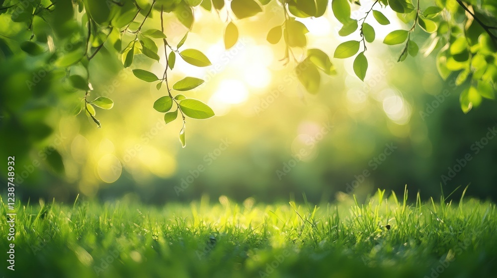 Obraz premium Sunlight Filtering Through Green Foliage in Meadow with Grass at Base of Frame Nature Scene