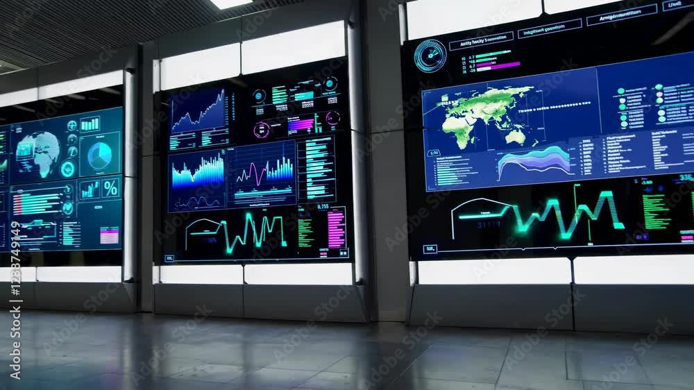 High-tech control room showcasing advanced data analytics and monitoring systems in a modern facility High-tech control room showcasing advanced data analytics and monitoring systems in a modern facility