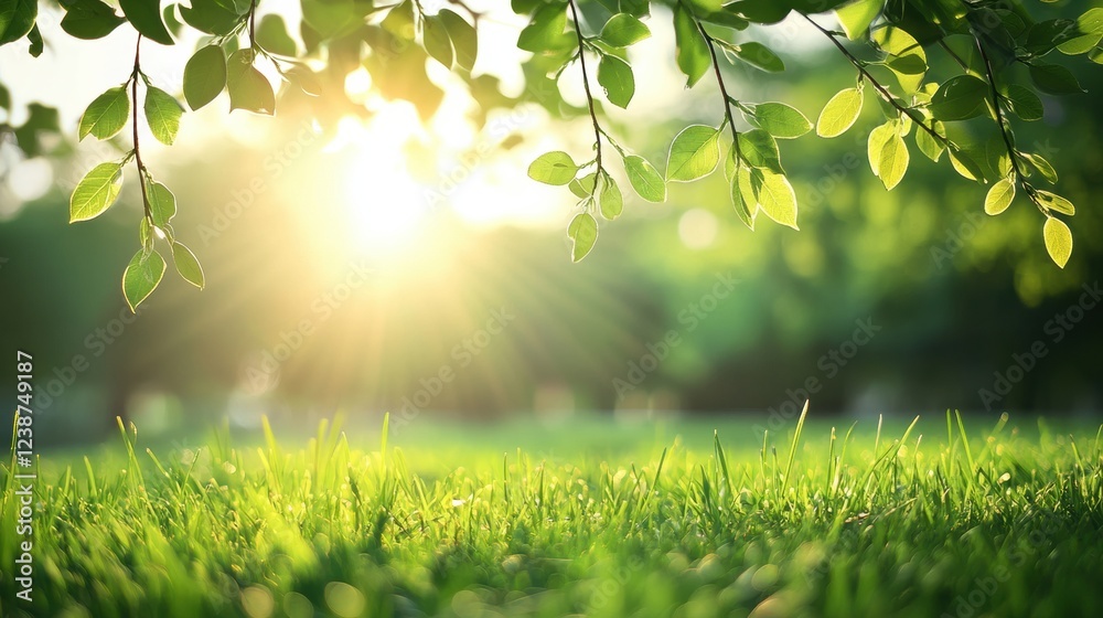 Obraz premium Sunlight Filtering Through Leaves Creating Serene Scene On Grass With Blurry Background View