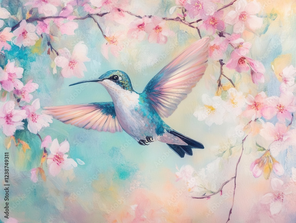Obraz premium hummingbird mid-flight against blooming cherry blossoms, iridescent feathers catching sunlight, soft pastel background