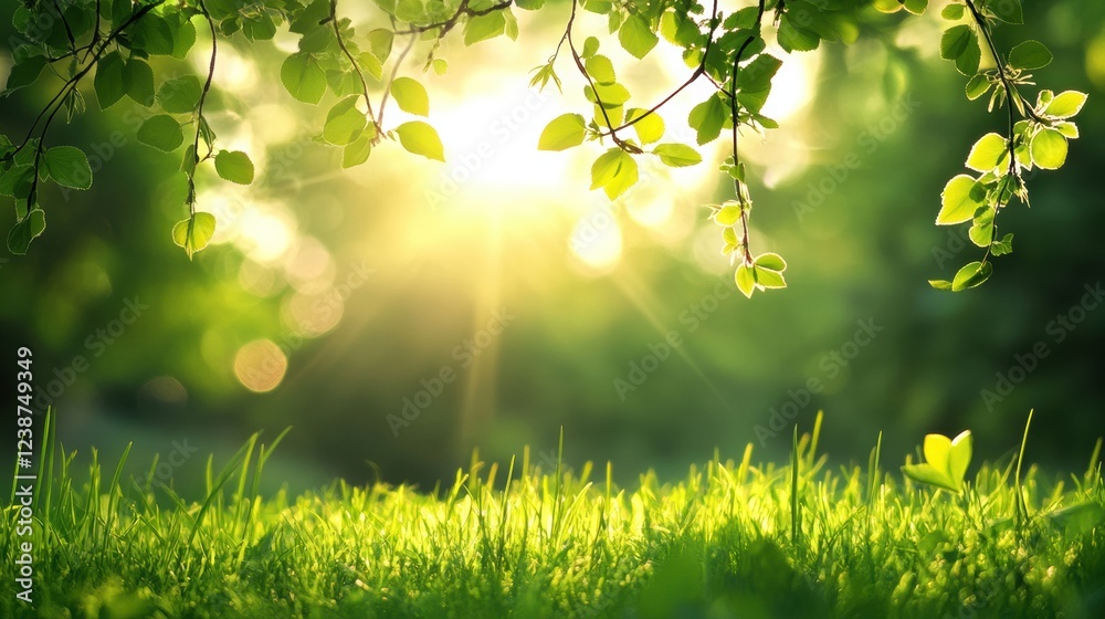 Sunlight Streaming Through Leaves on Branches Above a Lush Green Meadow in the Morning Light Sunlight Streaming Through Leaves on Branches Above a Lush Green Meadow in the Morning Light