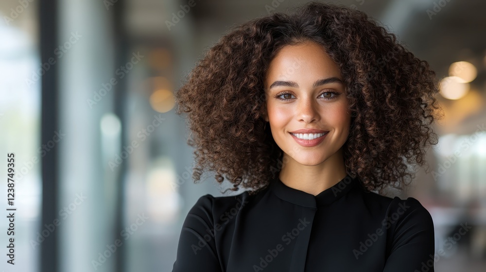 This image captures a confident woman smiling warmly in an indoor space filled with natural light, reflecting a modern and vibrant atmosphere conducive to productivity and creativity. This image captures a confident woman smiling warmly in an indoor space filled with natural light, reflecting a modern and vibrant atmosphere conducive to productivity and creativity.