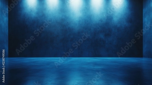 Fototapeta Naklejka Na Ścianę i Meble -  Moody blue empty room with dramatic lighting and reflective floor in a modern interior space