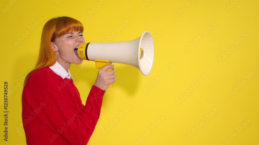 young woman in red sweater with vibrant red hair holds megaphone while expressing excitement young woman in red sweater with vibrant red hair holds megaphone while expressing excitement