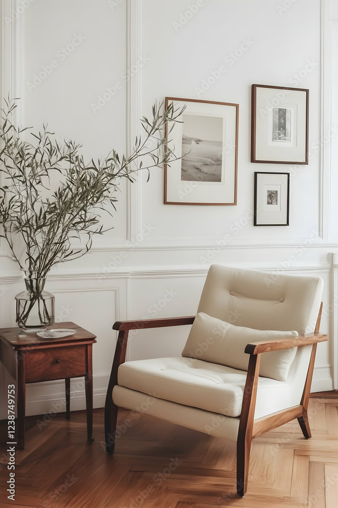Fototapeta premium Serene Minimalist Living Room with Beige Armchair and Olive Branch