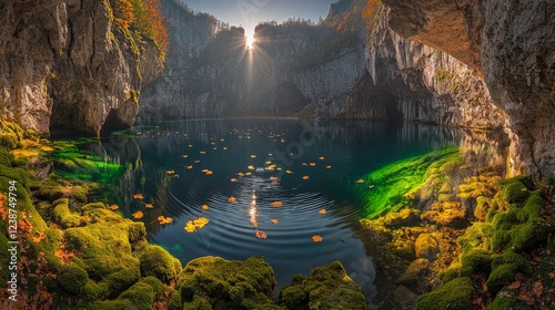 Autumnal Sunlight Beams Over Lake in Serene Cave Nature Landscape Tranquil Environment Scenic Viewpoint