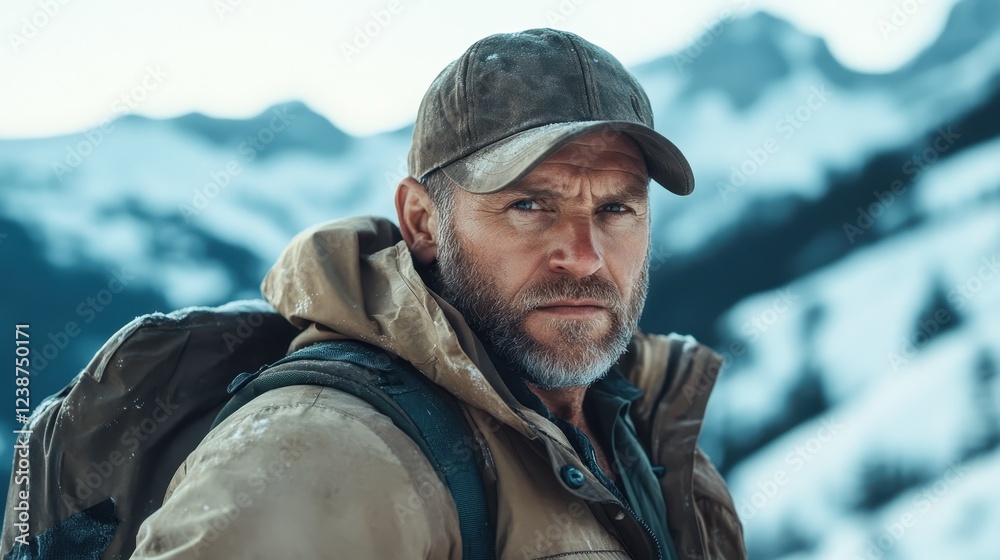 A rugged man wearing a cap and winter jacket looks intensely into the camera, showcasing his determination against a beautiful mountainous snowy backdrop. A rugged man wearing a cap and winter jacket looks intensely into the camera, showcasing his determination against a beautiful mountainous snowy backdrop.