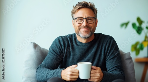 A smiling man with glasses sits comfortably on a couch, holding a cup of coffee, radiating warmth and contentment in a serene indoor environment. photo