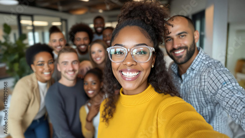 Selfie et groupe de personnes d’affaires au bureau prenant des photos pour les réseaux sociaux. Portrait de diversité, collaboration et amis heureux, hommes et femmes riant et prenant une photo