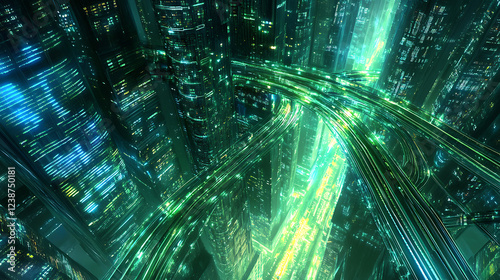 A vibrant, futuristic cityscape illuminated by green and blue lights, showcasing advanced infrastructure and dynamic roadways.