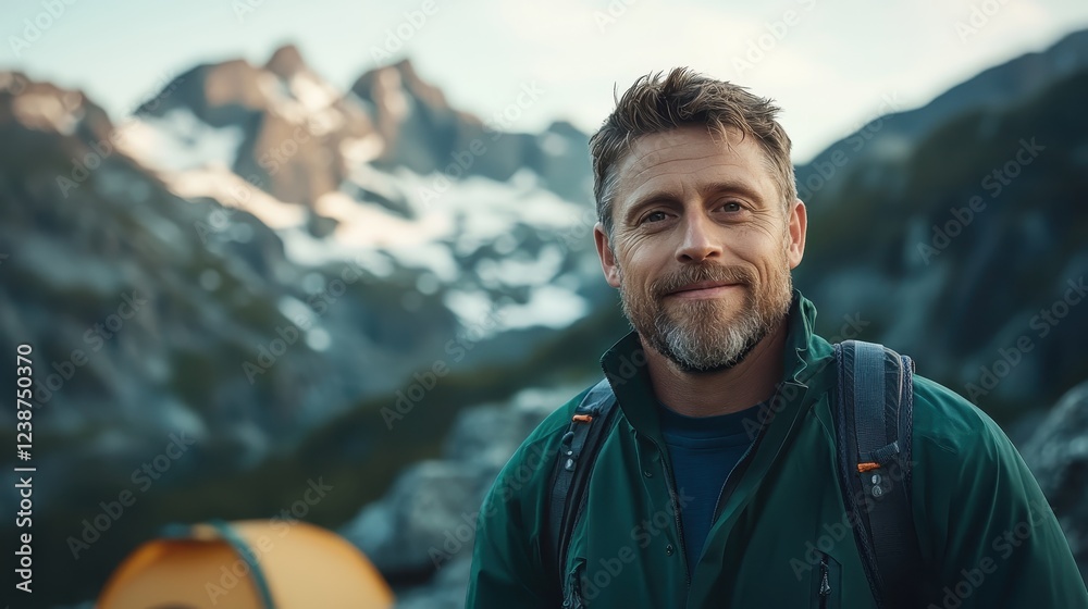 A friendly man poses near a campsite with scenic mountain views, radiating warmth and joy in a harmonious setting that invites outdoor adventure enthusiasts. A friendly man poses near a campsite with scenic mountain views, radiating warmth and joy in a harmonious setting that invites outdoor adventure enthusiasts.