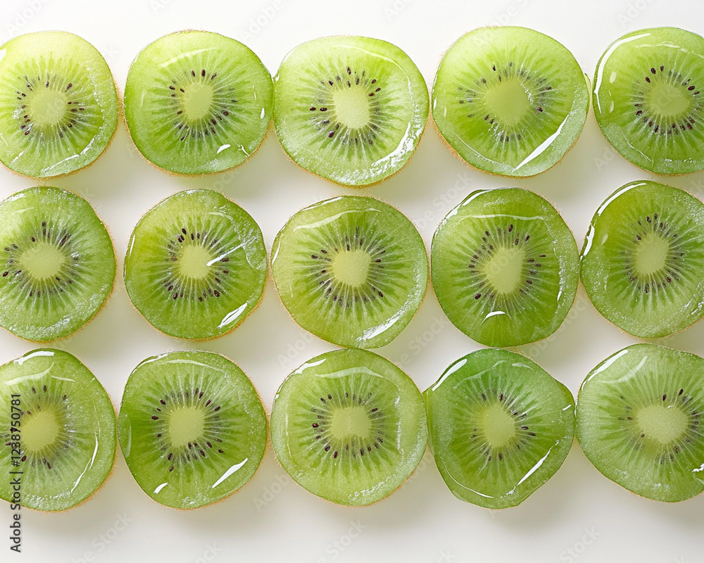 Fototapeta premium Sliced Kiwi Fruit Arranged in a Pattern on White Background