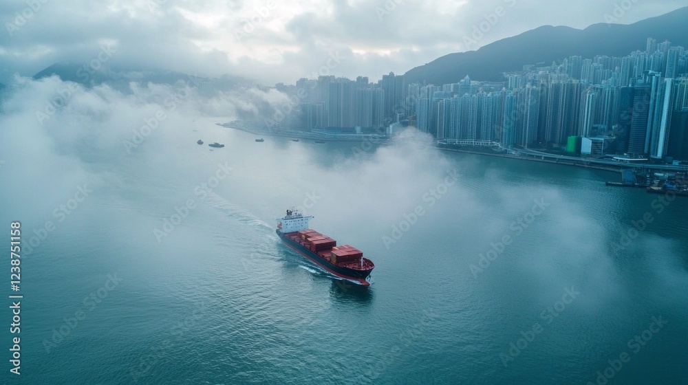 Fototapeta premium As dawn breaks, a cargo vessel glides through the misty waters of a harbor, surrounded by towering buildings and a sense of calmness in the bustling city of Hong Kong