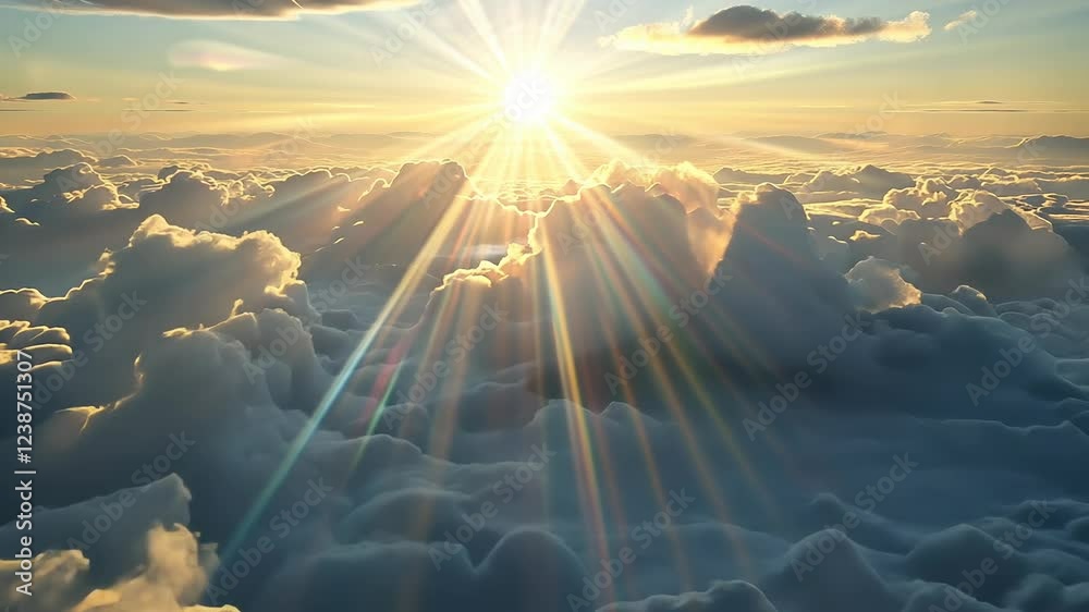 Brilliant sunlight shines through fluffy clouds in a breathtaking sky tableau at dawn