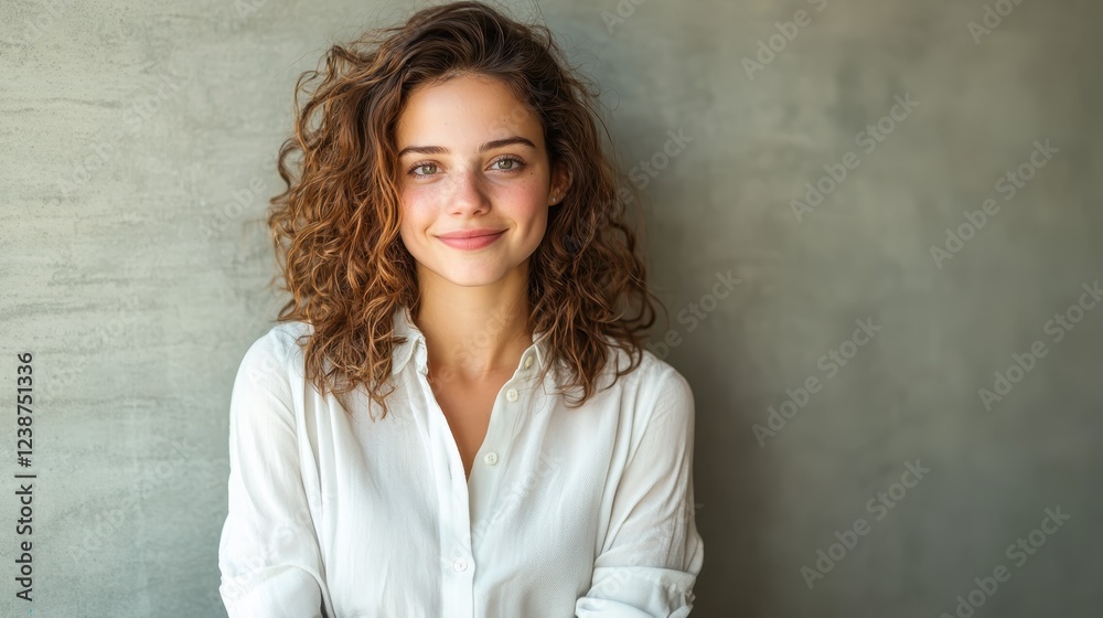 A charming young woman with beautiful curly hair exudes confidence and warmth while posing naturally against a subtle textured background, radiating positivity and joy. A charming young woman with beautiful curly hair exudes confidence and warmth while posing naturally against a subtle textured background, radiating positivity and joy.