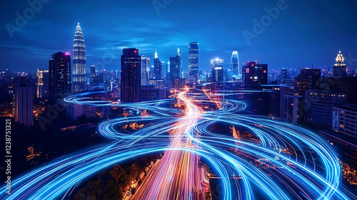 A vibrant city skyline at night, illuminated by dynamic light trails from traffic, showcasing urban energy and modern architecture.