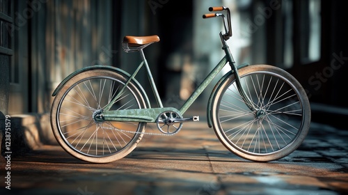 Vintage green bicycle parked on cobblestone street during early morning light. Generative AI