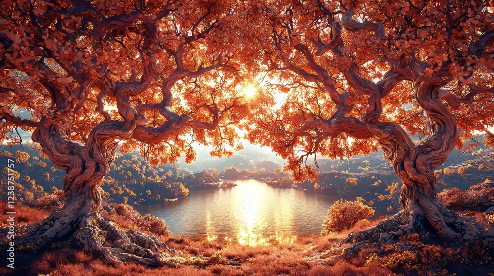Majestic Sunset Over Autumnal Lake Surrounded by Vibrant Trees Nature Scene Tranquil Environment Scenic Viewpoint Majestic Sunset Over Autumnal Lake Surrounded by Vibrant Trees Nature Scene Tranquil Environment Scenic Viewpoint