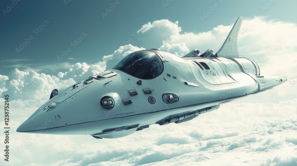 Fototapeta premium Futuristic spaceship soaring through clouds in a majestic sky setting