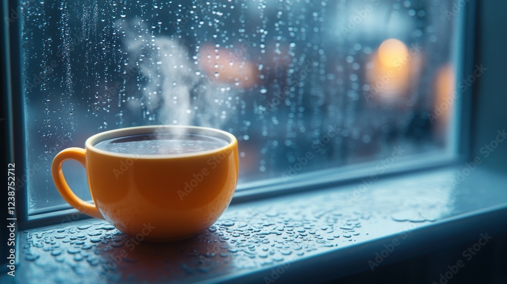 Obraz premium Warm steaming cup of coffee resting on a windowsill during a rainy evening. Generative AI