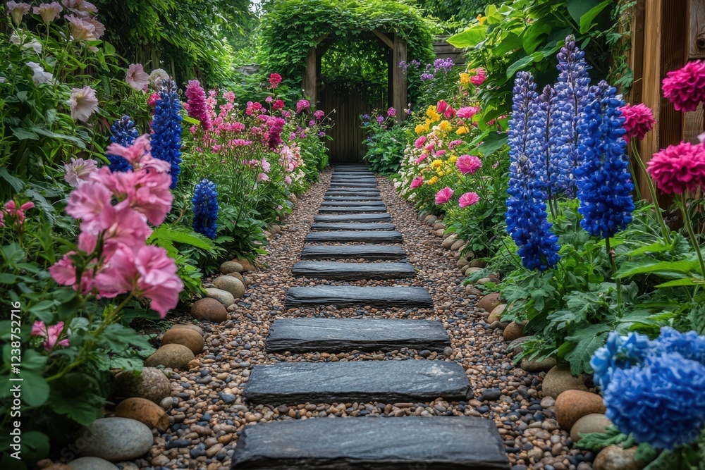 Colorful flower garden path lined with stones leading to an inviting arch in a serene outdoor space during daylight Colorful flower garden path lined with stones leading to an inviting arch in a serene outdoor space during daylight