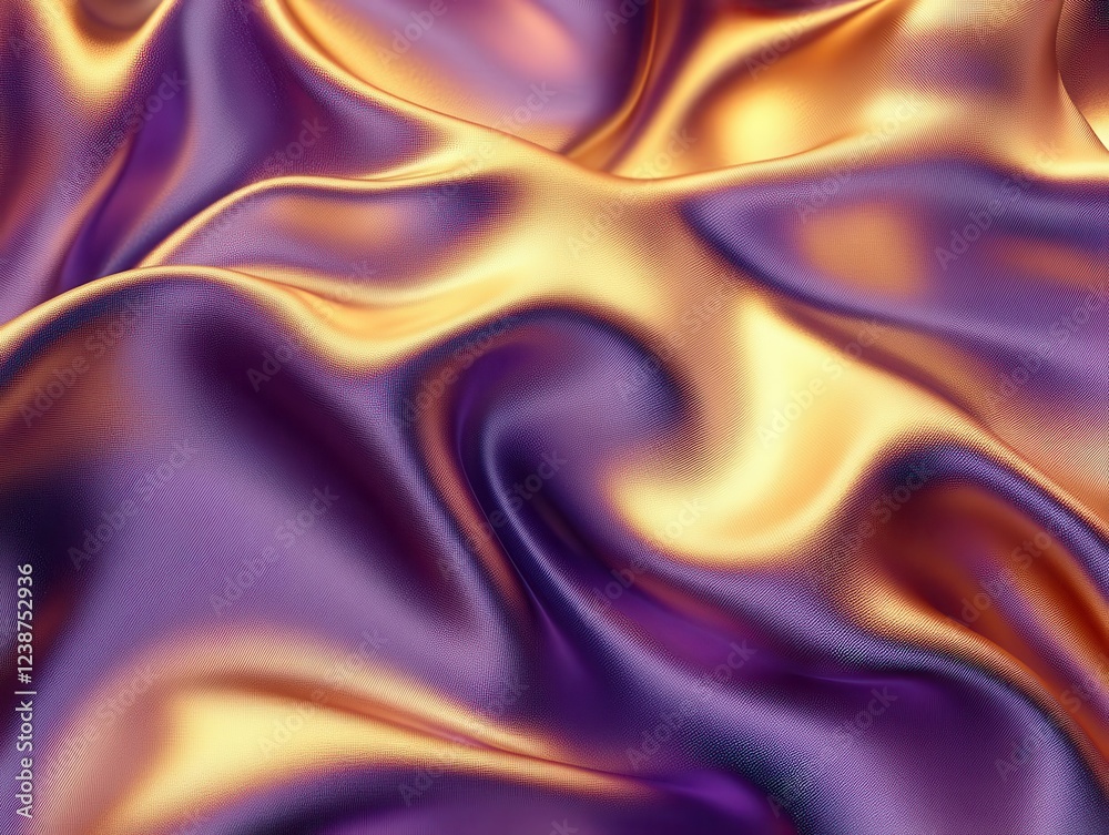 Obraz premium luxurious 3d fabric waves in metallic gold transitioning to deep purple, creating dramatic folds and reflections in surreal lighting