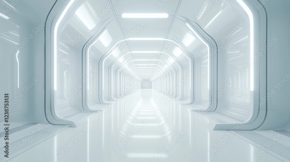 Fototapeta premium White Futuristic Corridor With Glowing Lights Leading Into The Infinite Distance Perspective