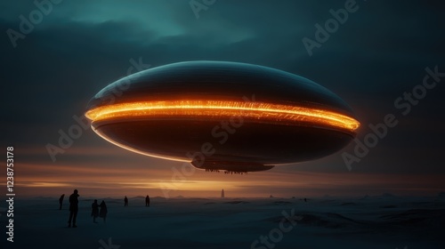 An imposing UFO hovers over a desolate snowy landscape, radiating a mesmerizing orange glow that casts eerie shadows and evokes a sense of awe and wonder in the viewers. photo